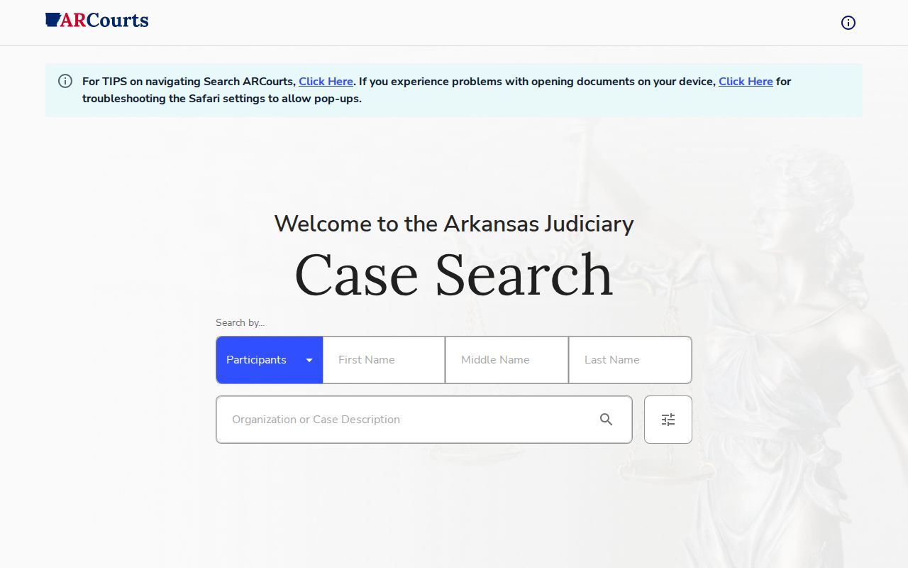 Izard County court docket Search ARCourts interface