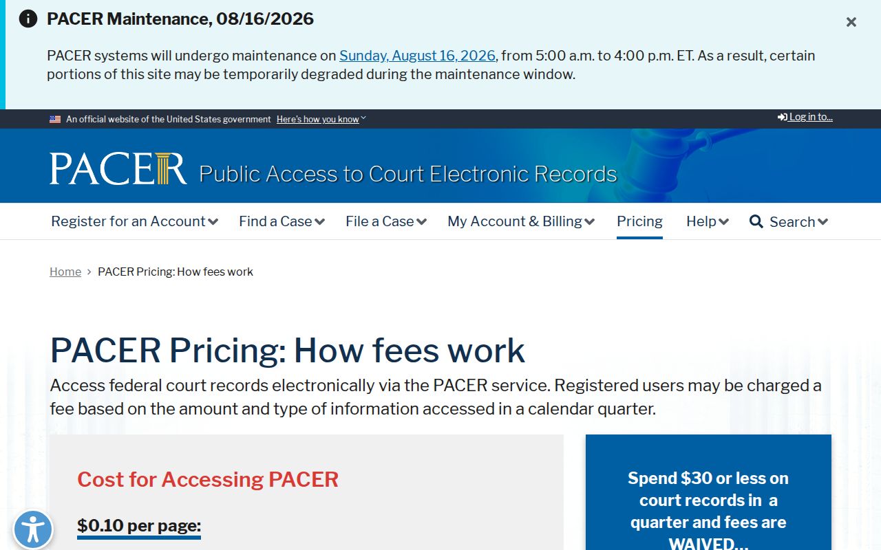 Izard County traffic court records comparison with federal PACER fee page